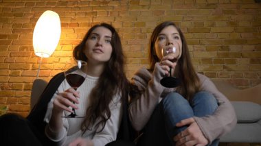 İki genç güzel kadın rahat bir daire içinde kapalı şarap içme bir Tv programı izlerken portresi tabandan portre