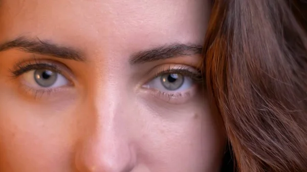 Close-up tiro de jovem caucasiano sedutor fêmea com olhos olhando diretamente para a câmera com fundo bokeh — Fotografia de Stock
