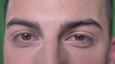 Closeup çekim genç yakışıklı beyaz erkek yüzü düz kamera üzerinde yeşil izole arka plan ile mutlu bir şekilde gülümseyerek baktığını ile