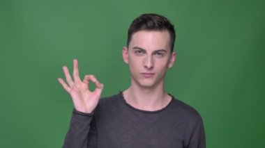 Genç yakışıklı beyaz malegesturing Tamam handsign yeşil izole arka plan ile doğrudan kameraya bakarak portre çekimleri