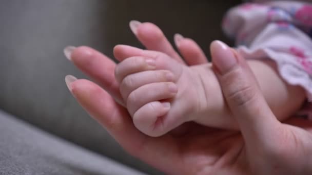 Close-up shot of mother and cute newborn baby hands holding tightly each other. — Stock Video