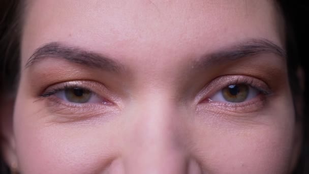 Close-up Eye-portret van kalme brunette zakenvrouw kijken naar de camera tonen vriendelijkheid op zwarte achtergrond. — Stockvideo