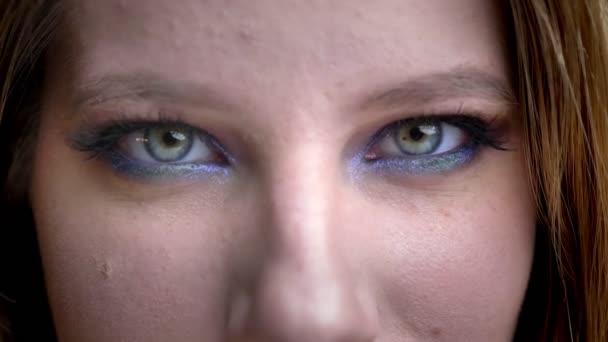 Nahaufnahme Shooting von jungen schönen weiblichen Gesicht mit Augen Blick auf Kamera niedlich Make-up mit Hintergrund isoliert auf schwarz — Stockvideo