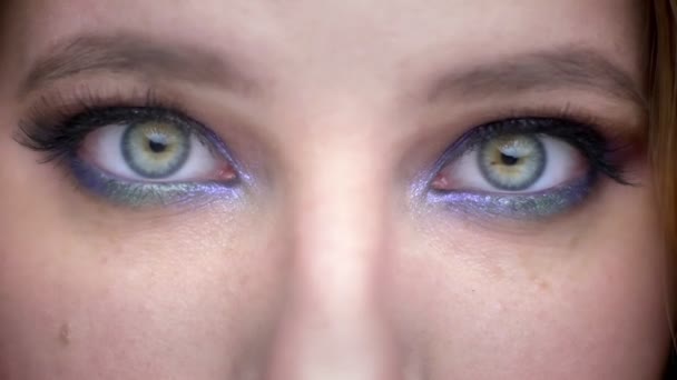 Gros plan pousse de jeune beau visage féminin avec les yeux clignotant et regardant la caméra avec expression faciale heureuse avec un beau maquillage appliqué — Video