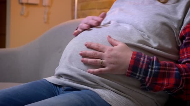 Съемка крупным планом живота молодой беременной женщины, нежно держащей живот, сидящей на диване в уютной квартире в помещении — стоковое видео