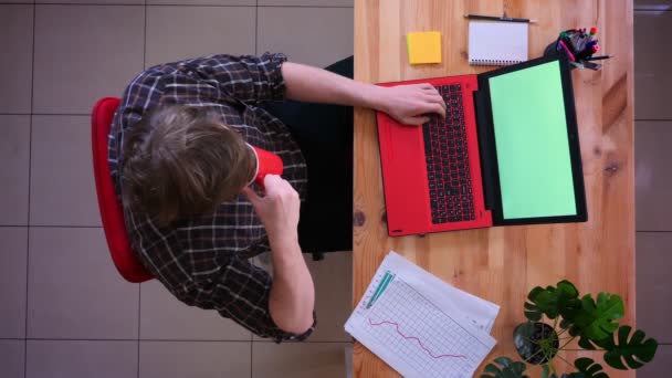 Primo piano ripresa superiore di giovane uomo d'affari caucasico che lavora sul computer portatile con schermo verde e bere caffè in ufficio al chiuso — Video Stock