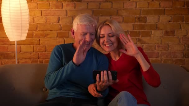 Primer plano de la sesión de ancianos feliz pareja tener una videollamada en el teléfono sentado en el sofá interior en un acogedor apartamento — Vídeo de stock