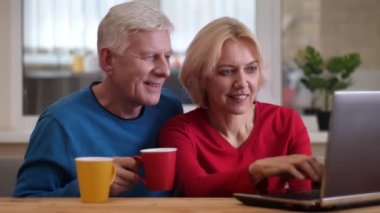 Masanın üzerinde dizüstü bilgisayarda üst düzey mutlu çift ağ closeup ateş ve rahat bir dairede kapalı çay içme