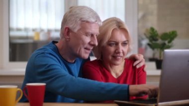 Rahat bir dairede çay iç bardak ile masada dizüstü bilgisayarda tarama üst düzey sevimli mutlu çift Closeup ateş