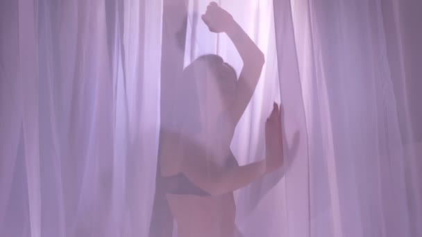 Silhouette of model in lingerie waving her arms tenderly behind the curtains on canopy bed. — Stock Video