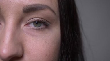 Yetişkin beyaz esmer kadın yüz closeup yarım yüz portresi gözleri gri izole arka plan ile gülümseyen yüz ifadesi ile kameraya bakıyor