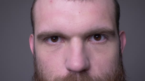 Close-up tiro de adulto bonito muscular caucasiano rosto masculino com olhos olhando para a câmera com fundo isolado em cinza — Vídeo de Stock
