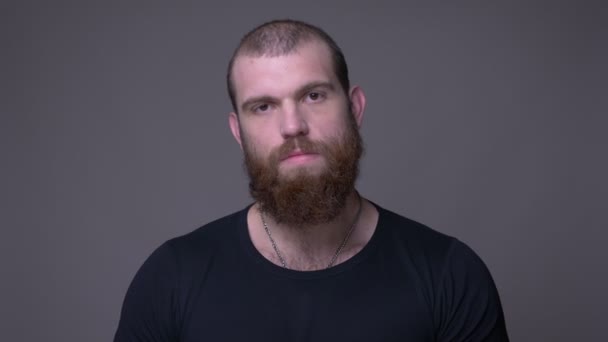Съемки крупным планом взрослого красивого мускулистого белого мужчину с бородой, кивающего головой, говорящего "да", глядя на камеру с изолированным на сером фоне — стоковое видео