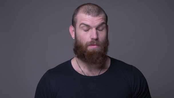 Close-up shoot van volwassen knappe gespierde blanke man met baard klappen zijn hoofd met verlegenheid wordt geïrriteerd met achtergrond geïsoleerd op grijs — Stockvideo