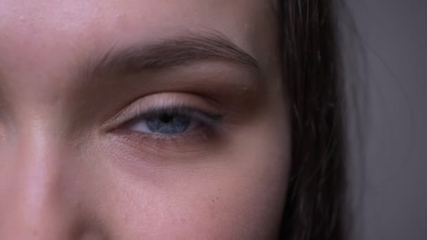 青く輝く目が点滅し、カメラを見て若い魅力的な女性の顔のクローズアップ半顔撮影 — ストック動画