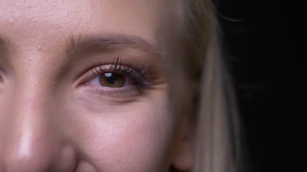 Close-up half-face portret van jonge mooie blonde vrouwelijke gezicht met ogen kijken naar camera met lachende gezichtsuitdrukking met achtergrond geïsoleerd op zwart — Stockvideo