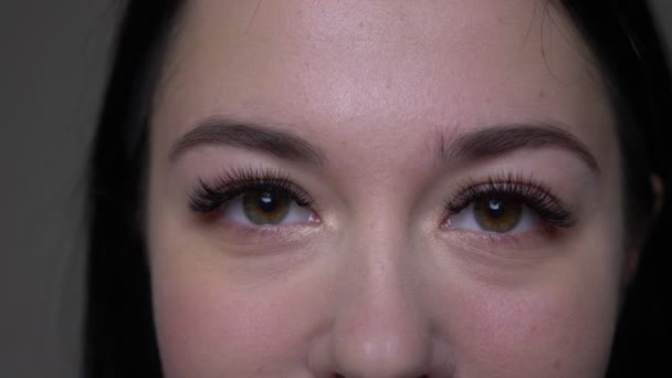 Closeup shoot of young pretty caucasian female face with eyes looking straight at camera with background isolated on gray — Stock Video