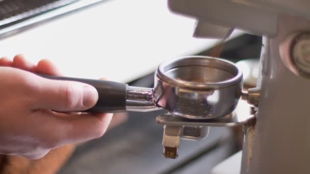 Zbliżenie boczne strzelać ziaren kawy świeżo miesza się w maszynie do szlifowania kawy przelewa się w pomieszczeniu w kawiarni — Wideo stockowe