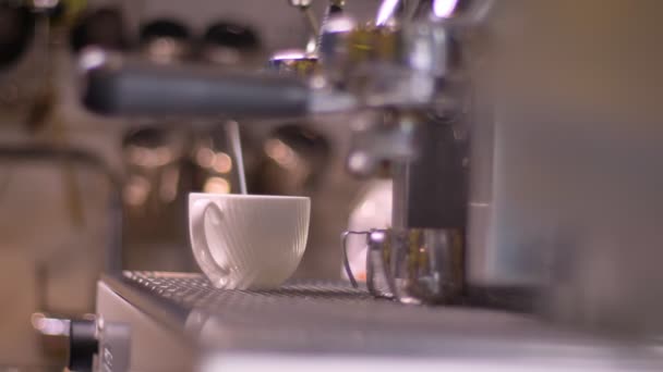 Primo piano sparare di mano barista fare il caffè utilizzando il lavandino a tre scomparti in un caffè all'interno con messa a fuoco offuscata — Video Stock