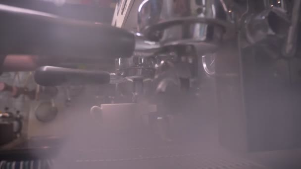 Sesión de vista lateral de cerca de barista lavando una taza de café con el fregadero de tres compartimentos en un café en el interior — Vídeo de stock