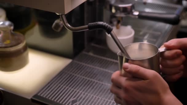 Brote de primer plano de la leche hirviendo barista en jarra de plata utilizando el fregadero de tres compartimentos en un café en el interior — Vídeo de stock