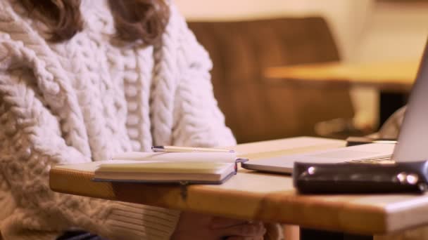 Primo piano servizio fotografico di donna d'affari in un processo di scrittura in un taccuino di essere portato un caffè al chiuso in un accogliente caffetteria — Video Stock