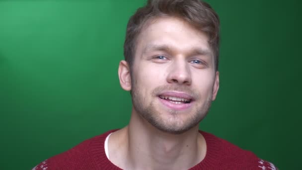 Giovane uomo d'affari bruna guardando con sorriso felice in macchina fotografica su sfondo verde . — Video Stock