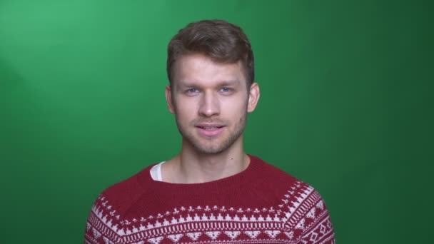 Giovane uomo d'affari bruna in maglione doppiaggio essere felice e felice su sfondo verde . — Video Stock