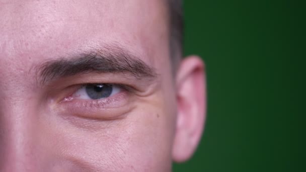 Closeup metade tiro rosto de adulto atraente macho olhando para a câmera com expressão facial sorridente com fundo isolado em verde — Vídeo de Stock
