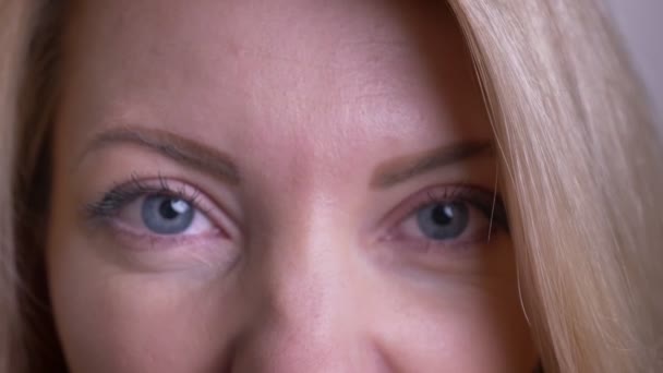 Close-up portret van volwassen aantrekkelijke Kaukasische vrouwelijke gezicht met ogen kijken naar camera met vreugdevolle gezichtsuitdrukking met achtergrond geïsoleerd op wit — Stockvideo