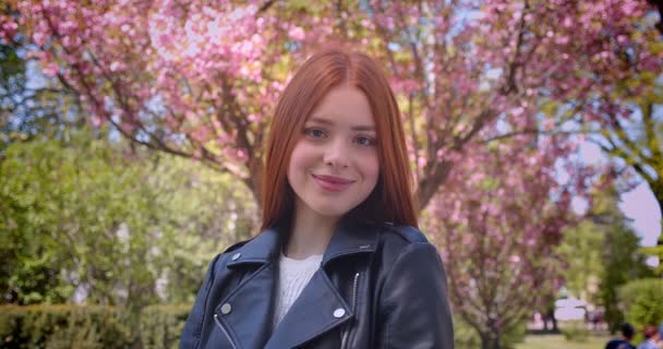 Gorgeous ginger model in leather jacket posing prettily into camera in pink floral park. — Stock Video