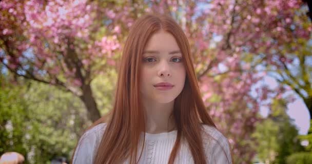 Encantadora estudiante de jengibre en blusa blanca mirando soñadoramente a la cámara en el jardín floral rosa . — Vídeos de Stock