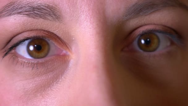 Closeup shoot of young female face with brown eyes being closed opening and looking at camera — Stock Video