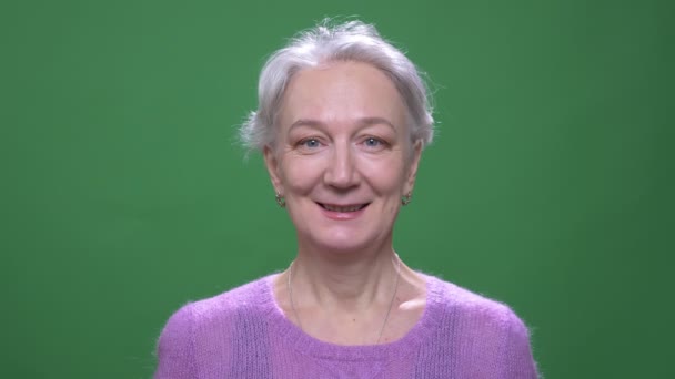 Mor kazak Kıdemli gri saçlı kadın yeşil renk arka plan üzerinde izole kamera içine memnuniyetle gülümseyen. — Stok video