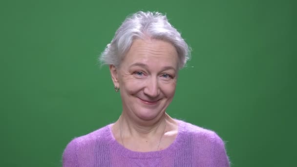 Ανώτερη γκρίζα μαλλιά γυναίκα σε βιολετί πουλόβερ χαμογελαστά όμορφα σε κάμερα απομονώνεται σε πράσινο χρωμάμ φόντο. — Αρχείο Βίντεο