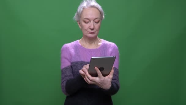 Senior mujer de pelo gris en suéter violeta trabaja con la tableta aislada sobre fondo cromakey verde . — Vídeo de stock