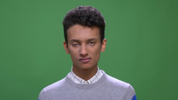 Close-up shoot van jonge aantrekkelijke Indiase mannelijke knikken zeggen ja kijken naar camera met achtergrond geïsoleerd op groen — Stockvideo
