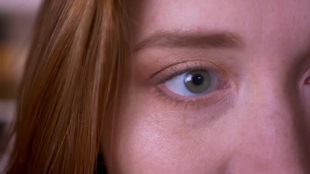 Closeup metade rosto retrato de jovem ruiva atraente mulher caucasiana com olhos olhando para a câmera na biblioteca da faculdade — Vídeo de Stock