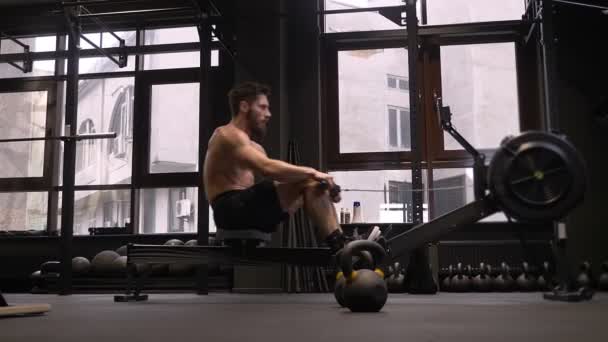 Closeup side view of adult motivated athletic shirtless man using rowing machine and making resistance training in the gym — Stock Video