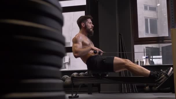 Sesión de vista lateral de primer plano del hombre sin camisa atlético motivado adulto remando y haciendo entrenamiento de resistencia en el interior del gimnasio — Vídeos de Stock