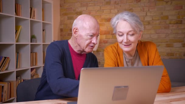 Senior grijs harige Kaukasische paar praten graag voor laptop in kantoor. — Stockvideo