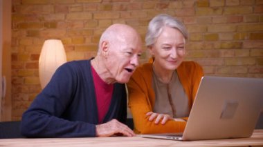 İki üst düzey gri saçlı kafkas meslektaşları ofiste neşeli ve samimi olmak dizüstü bilgisayarda bir video görüşmesi olan.