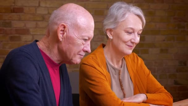 Portrait de profil de deux conjoints caucasiens aux cheveux gris âgés parlent en vidéochat sur ordinateur portable étant heureux et amical au bureau . — Video
