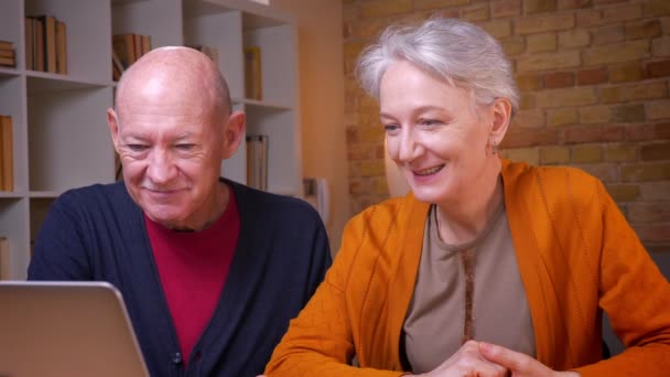 Portrait en gros plan de deux conjoints caucasiens aux cheveux gris âgés parlant en vidéochat sur ordinateur portable étant gai au bureau . — Video