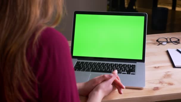 Hátsó portré üzletasszony előtt ülve laptop zöld chroma képernyőn hivatalban. — Stock videók