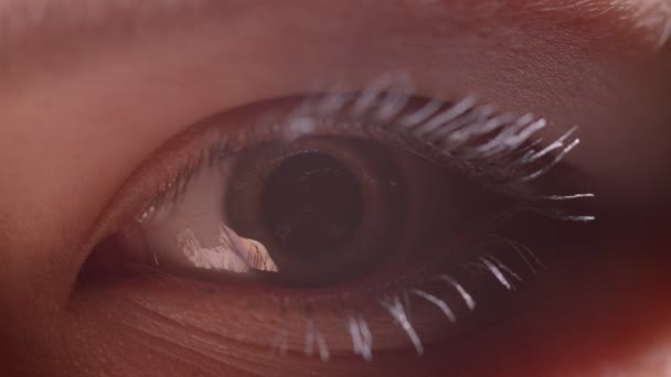 Digitale animatie shoot van groenachtig oog met witte mascara met de reflectie van de persoon die zijn handen reikt. — Stockvideo