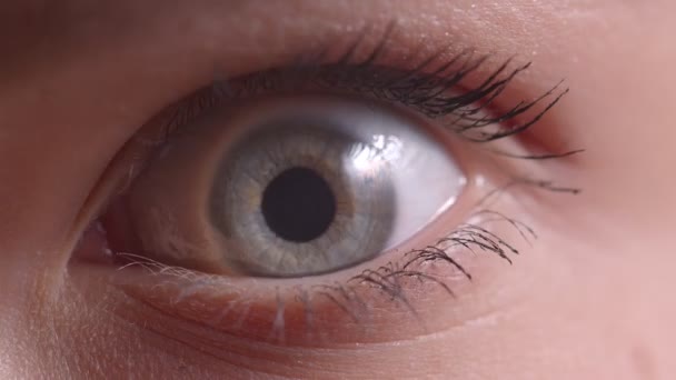 Κοντινό-up σουτ μπλε μάτι αναβοσβήνει με την φωτοβολίδα σε αυτό βλέποντας προς τα κάτω και σε κάμερα προσεκτικά. — Αρχείο Βίντεο