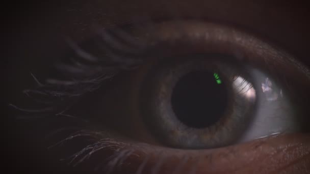 Close-up tiro de olho cinza piscando com reflexo de lâmpada verde sobre ele em completa escuridão . — Vídeo de Stock