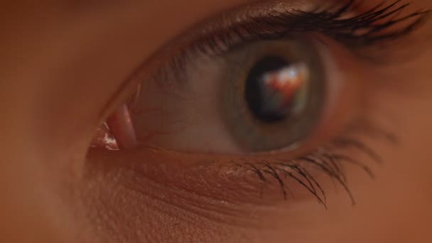 Крупный план глаз, смотрящий вправо, сконцентрированный в красном и желтом свете . — стоковое видео