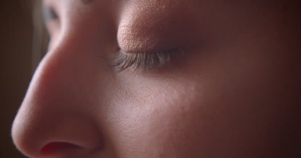 Closeup side view portrait of young pretty caucasian female face with blue eyes looking at camera — Stock Video